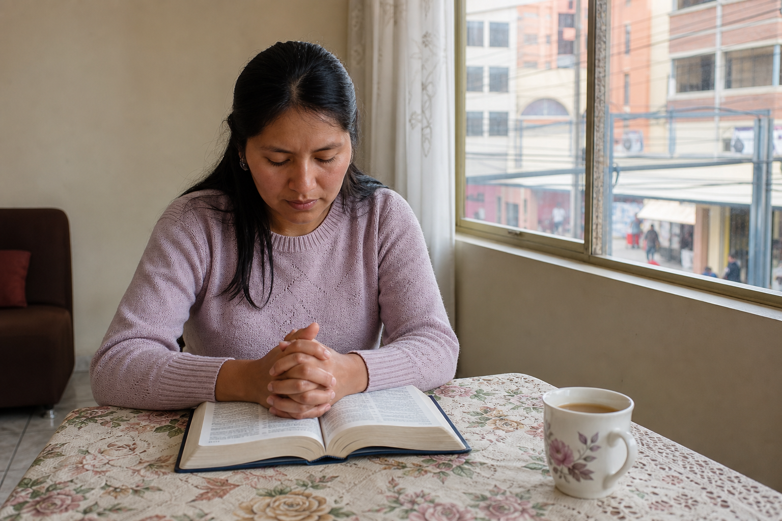 Persona en oración en la ciudad